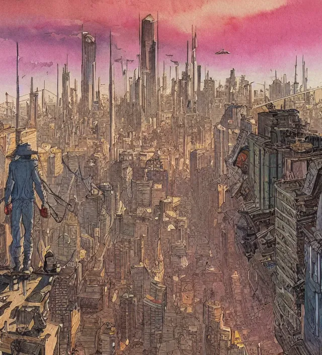 Image similar to a watercolor ink painting of a post - apocalyptic new - york in the style of jean giraud in the style of moebius trending on artstation deviantart pinterest detailed realistic hd 8 k high resolution