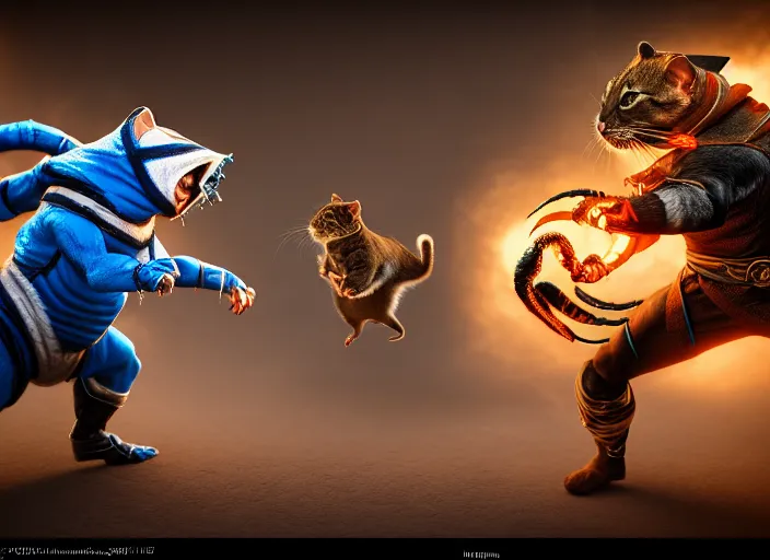 Prompt: hamster dressed as sub zero fights a cat dressed as scorpion in mortal kombat on the background of a laughing shao khan. fantasy magic style. highly detailed 8 k. intricate. lifelike. soft light. sony a 7 r iv 5 5 mm. unreal engine with nanite and path tracing