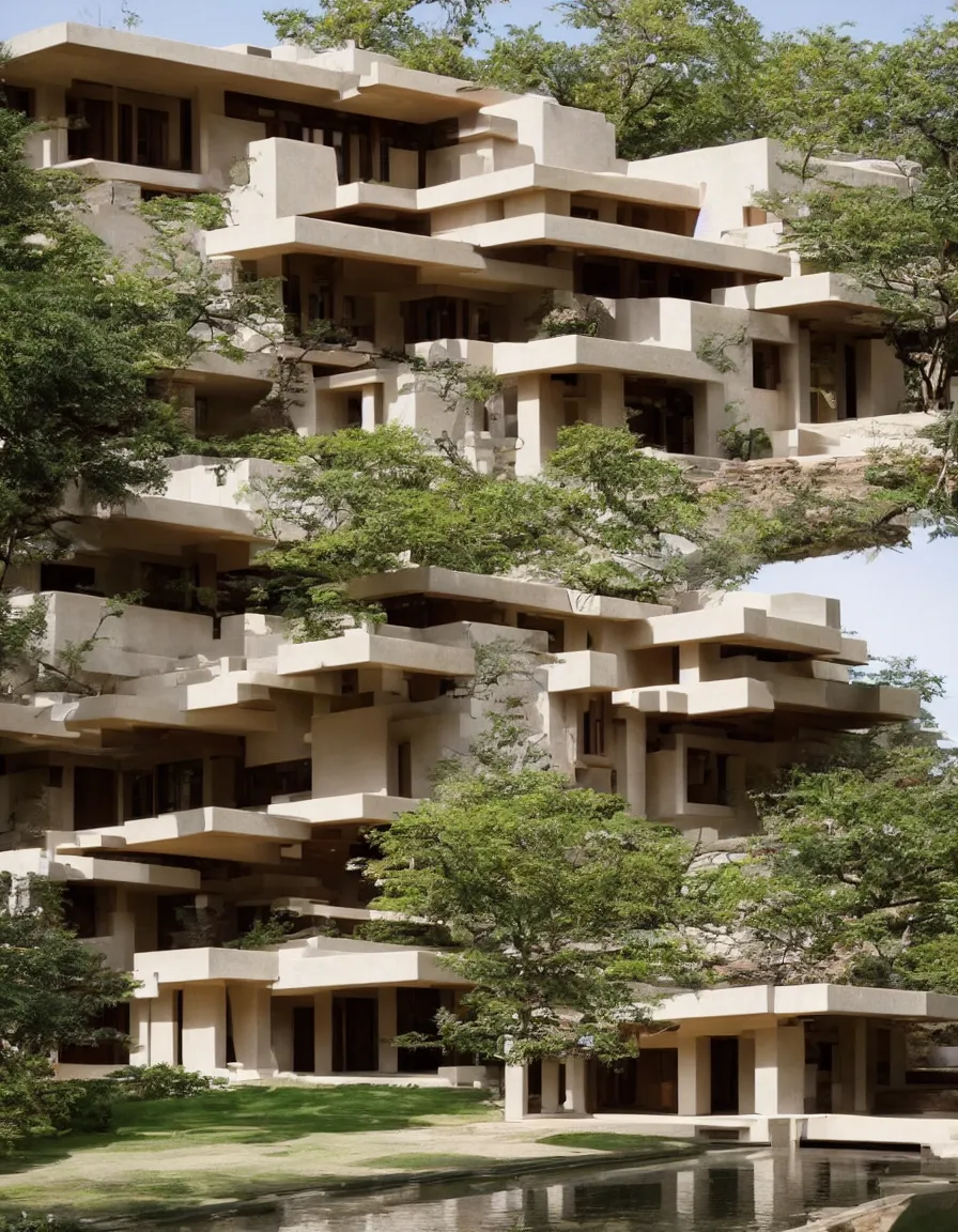 Image similar to a flowing villa with architectural design ， by frank lloyd wright ， trending ，