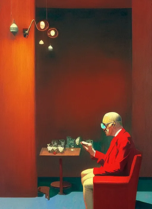 Prompt: Anthony Hopkins wearing round glasses and tall red cylinder hat sitting at an empty art deco bar painting by Edward Hopper and James Gilleard, Zdzislaw Beksinski highly detailed