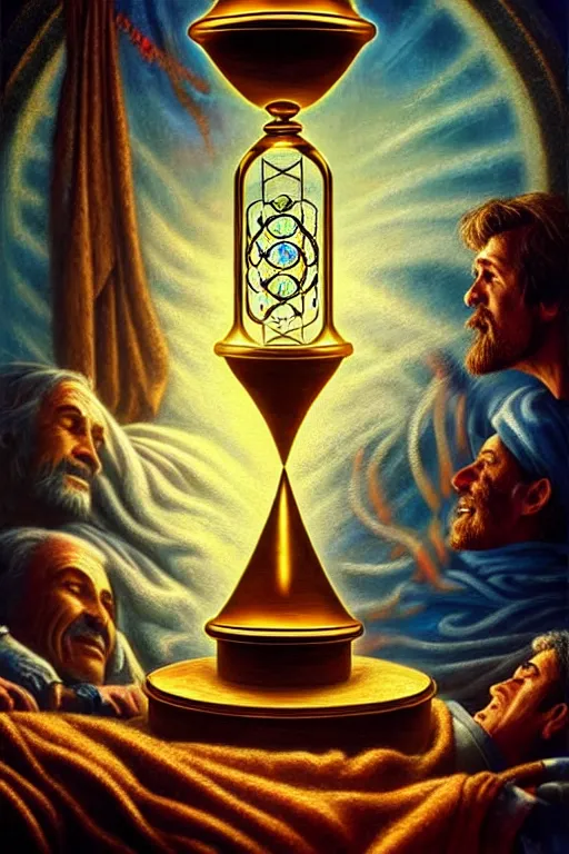 Prompt: a photorealistic detailed cinematic image of a man on his deathbed, assisted to the afterlife. ornate hourglass met by friends and family, overjoyed, emotional, compelling, by pinterest, david a. hardy, kinkade, lisa frank, wpa, public works mural, socialist