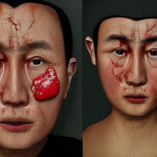 Prompt: photorealistic face portrait of chinese uyghur muslim prisoner and melting wax, wearing victorian rags, elite, disfigured, drooling, moist, unnatural movement, they are unhappy, bizzaro, baroque, renaissance, by emedios varo and anato finnstark and fenghua zhong, hyperrealism, 8 k, 3 d, masterpiece, texture