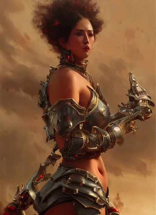 Image similar to beautiful anorei collins bbw plumper big girl wearing tiny red steel armour, detailed by gaston bussiere, bayard wu, maxim verehin, greg rutkowski, masterpiece, sharp focus, cinematic lightning