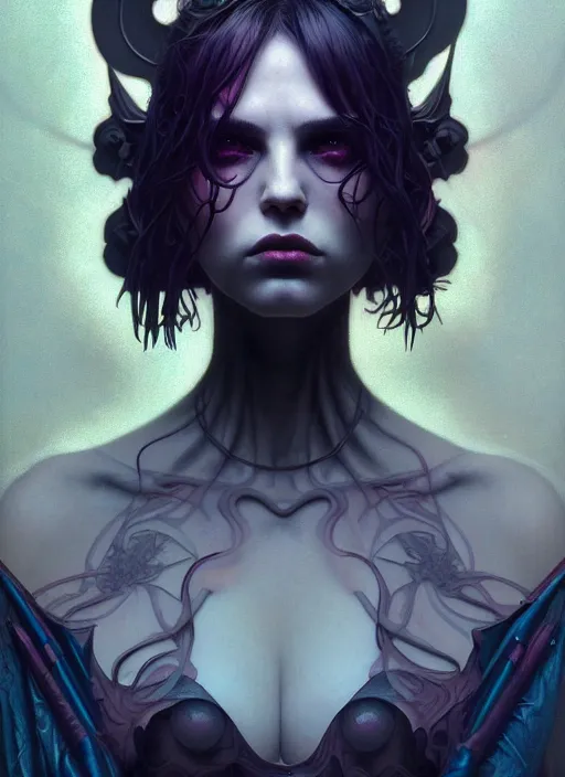 Image similar to satanist perfect girl portrait, intricate artwork by josan gonzalez, artgerm, tom bagshaw, kilian eng, alphonse mucha, zdizslaw beksinski, very coherent artwork, cinematic, syntwave, noir gothic cyberpunk, octane render, unreal engine, 8 k, high contrast