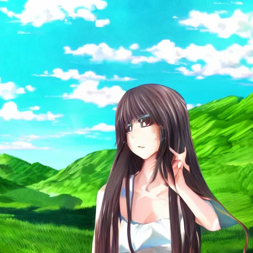 Image similar to anime girl in beautiful green valley and blue sky, digital art