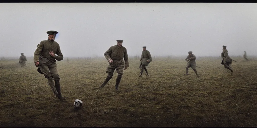 Image similar to detailed medium format photo, polaroid still from tarkovsky movie, erling haaland playing football on a ww 1 battlefield, haze, high production value, intricate details, 8 k resolution, hyperrealistic, hdr, photorealistic, high definition, tehnicolor, award - winning photography, masterpiece, amazing colors