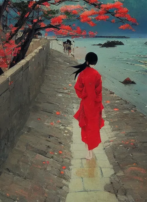 Prompt: 🇯🇵⛩!!! 🎎!!! 🌊🌦. by satoshi kon, ilya repin, lena aenami, shinji kimura