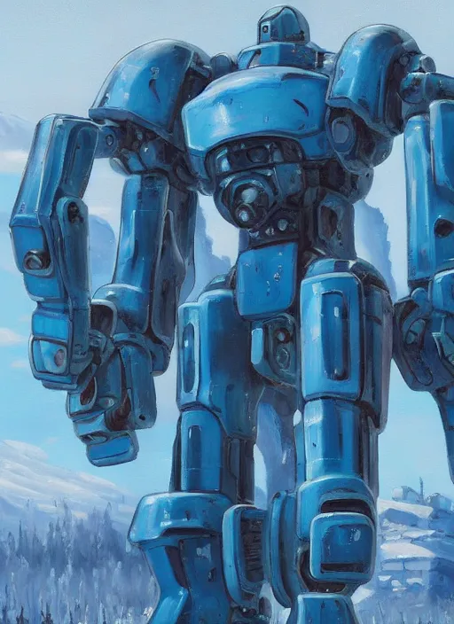 Image similar to an intricate oil painting of a giant pristine icey blue metal anime humanoid mecha with rounded components by simon stalenhag, icey tundra background