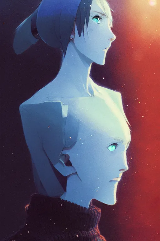 Image similar to portrait of the sapphire herald in an elegant winter sweater, by makoto shinkai, by akihiko yoshida, by zdzislaw beksinski, by dariusz zawadzki, artbook, tone mapped, deep blues, shiny, soft lighting