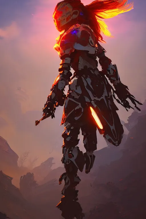 Image similar to combination suit armor aloy horizon forbidden west horizon zero dawn radiating a glowing aura global illumination ray tracing hdr fanart arstation by ian pesty and alena aenami artworks in 4 k tribal robot ninja mask helmet backpack