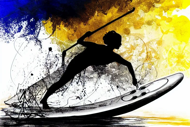 Prompt: beautiful serene person on a paddle board sup, healing through motion, life, minimalistic golden and ink airbrush painting on white background