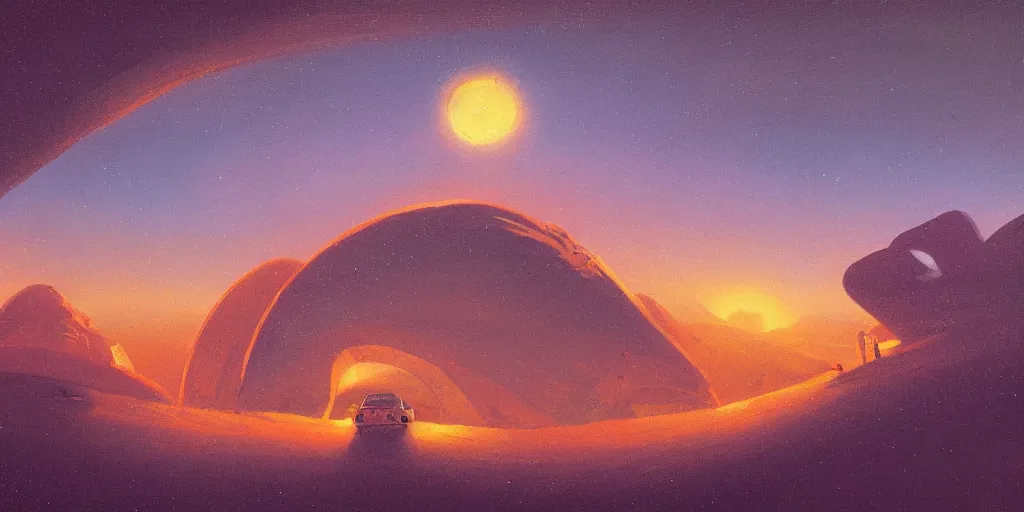 Image similar to a curved perspective cartoon paul lehr narrow night landscape with farawaymountains