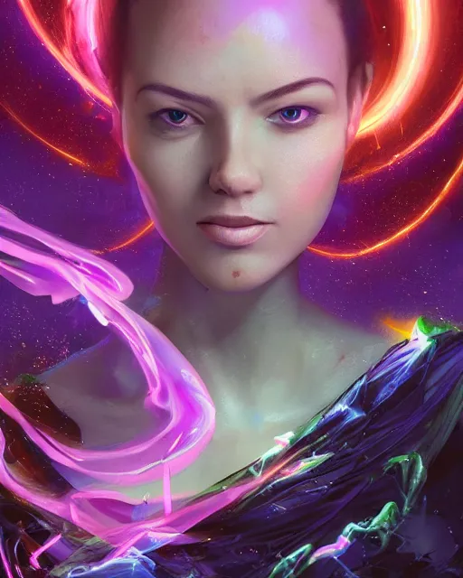 Prompt: a powerful beautiful energy woman, by alexander fedosav, hyper detailed digital matte painting, concept art, hyperrealism, 1 6 k resolution, cinema 4 d, 8 k resolution, trending on artstation, behance hd, a masterpiece, by stephan martiniere, particles, cel - shaded, power bright neon energy, by david a. hardy,