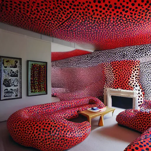 Prompt: A living room with interior design by Yayoi Kusama