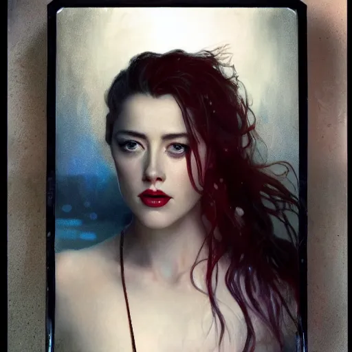 Image similar to hyperrealistic portrait of a woman as amber heard as a vampire witch tears makeup dramatic in a black flower coat reflection in a stone mirror greasy canvas. by jeremy mann and alphonse mucha, fantasy art, photo realistic, dynamic lighting, artstation, poster, volumetric lighting, very detailed faces, 4 k, award winning