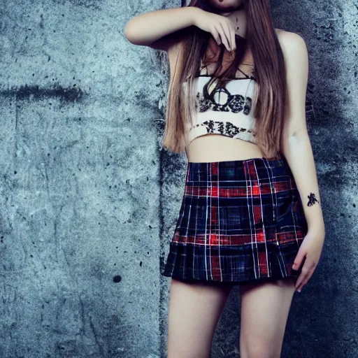 Image similar to gothic teen girl in plaid mini skirt and crop top, intricate, extremely detailed, modeling photography, 8 0 mm camera, dramatic lighting, dark room