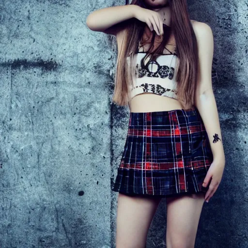 teen girl in plaid mini skirt and crop top, intricate