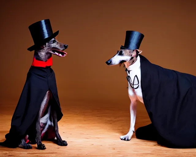 Image similar to greyhound wearing a black cloak and a top hat, under a spotlight, magician dog performing on stage, dapper greyhound