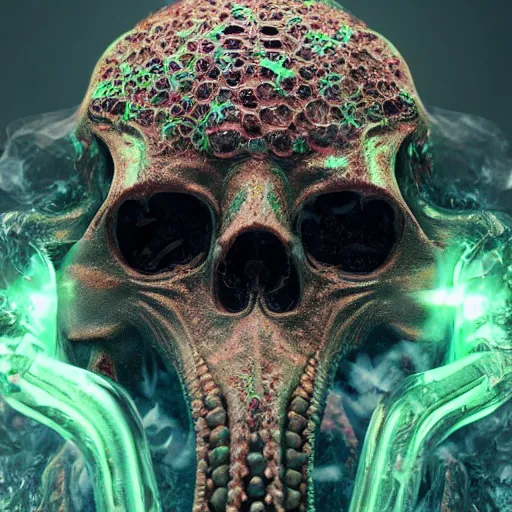 Prompt: a beautiful cthulhu skull with multiverses and galaxies inside. a small ornament of precious crystals growing from bones. glass and smoke. subject photography. macro. soft key. octane render, maya render. high detail. realism. sharp focus. trending on artstation