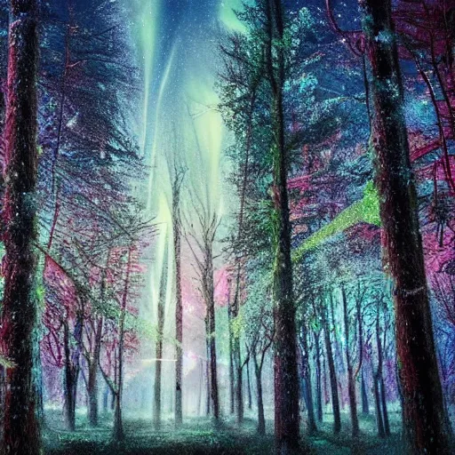 Image similar to bright nordic forest, sparkling spirits, detailed wide shot, crayon, ground detailed, wet eyes reflecting into eyes reflecting into infinity, beautiful lighting