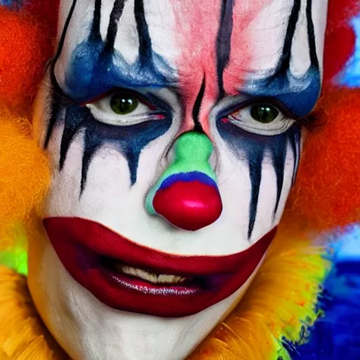 Prompt: uhd candid photo of krusty the clown wearing bizarre clown makeup, intricate clown costume. photo by annie leibowitz photorealistic hyperdetailed