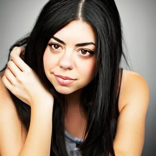 Image similar to a girl with long black hair and thick eyebrows, her face is a mix between aubrey plaza, lucy hale, sarah hyland, anne hathaway and christina ricci