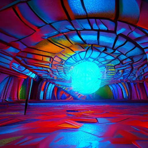 Image similar to underground cinema, realistic architecture, colorfull lights, octane render, 4k, 8k, fractals, psychedelic