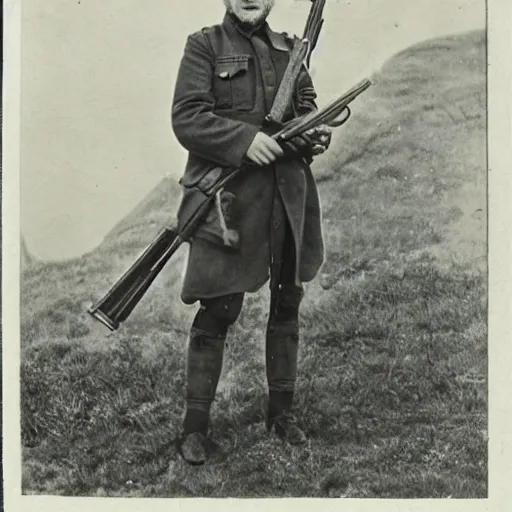 Prompt: old wartime photograph of dumbledore holding a lewis gun, 1 9 1 7
