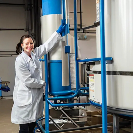 Prompt: woman in a lab coat leaning against a large compressed air tank. she's smirking while holding on to the tank's valve.