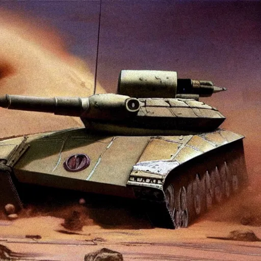 Image similar to a tank shaped like a scorpion driving through a sandstorm, frank frazetta