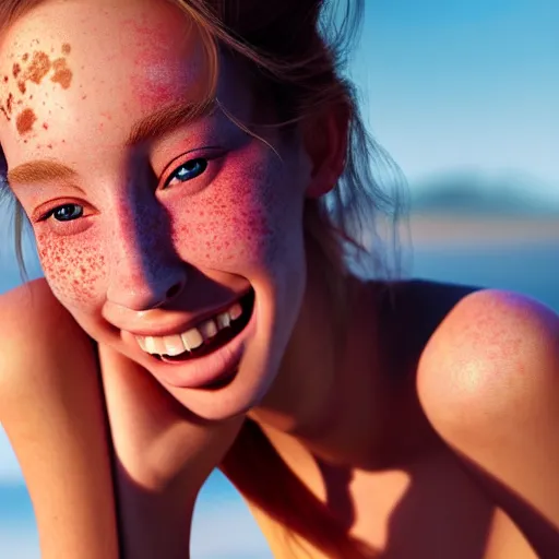 Image similar to portrait of a cute thin young woman, red blush, cute freckles, smug smile, modern clothes, relaxing on the beach, golden hour, close up shot, 8 k, art by irakli nadar, hyperrealism, hyperdetailed, ultra realistic