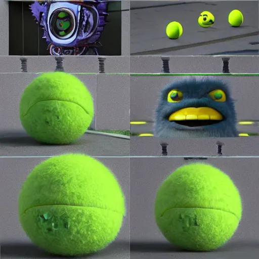 Prompt: high quality 3 d render cyberpunk very tennis ball monster highly detailed, unreal engine cinematic smooth, in the style of detective pikachu, basil gogos, chalk, low angle, uhd 8 k, sharp focus, illustrated by basil gogos