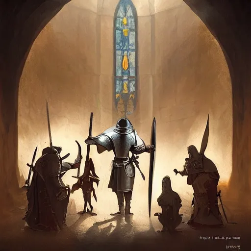 Prompt: a knight from the crusades wielding a big sword, interior of a medieval castle, amazing throne room, volumetric lighting, dramatic, sharp focus, wide angle, huge circle stained window, shadows, dust and particles, artstation, by peter mohrbacher, greg rutkowski, john howe, digital art, concept art, matte painting
