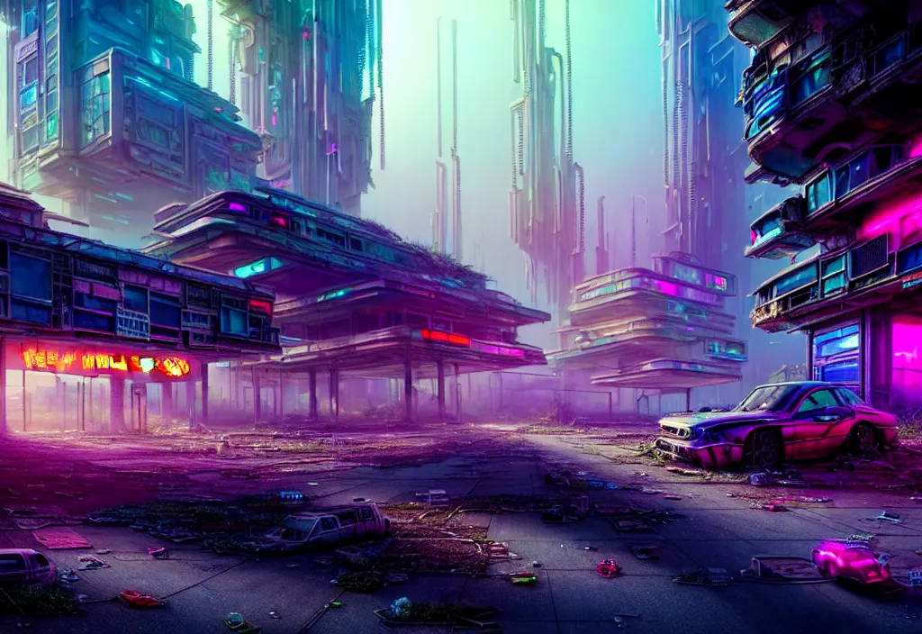 Prompt: A highly detailed crisp unreal engine render of wide view photo of A beautiful futuristic cyberpunk abandoned dystopia city building with neon bright lights, plants allover , godray, sunlight breaking through clouds, clouds, debris on the ground, abandoned machines bright happy colors, chaotic , nitid horizon, factory by wangchen-cg, 王琛,Neil blevins, artstation, Gediminas Pranckevicius