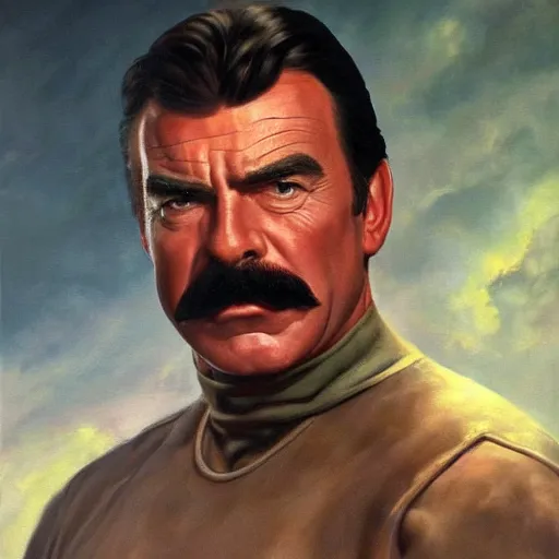 Image similar to ultra realistic portrait painting of tom selleck as lord voldemort, art by frank frazetta, 4 k, ultra realistic, highly detailed, epic lighting