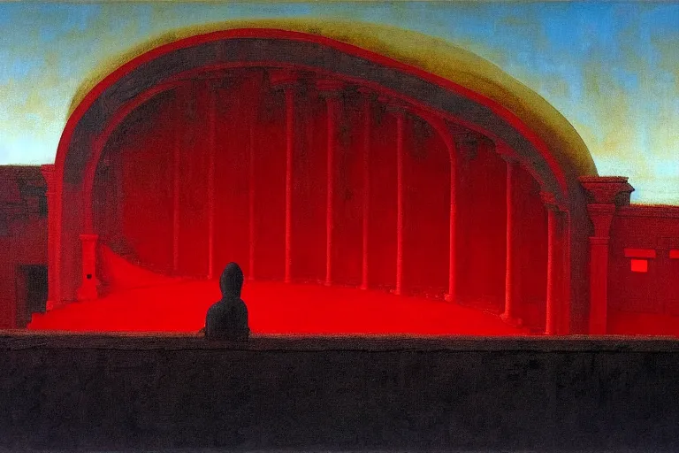 Image similar to only with red, a red melted emperor in an authoritarian position, taormina amphitheatre, crowd hails him, in the style of beksinski, parts by edward hopper, parts by rodcenko, parts by yue minjun, intricate and epic composition, red by caravaggio, insanely quality, highly detailed, masterpiece, red light, artstation, 4 k