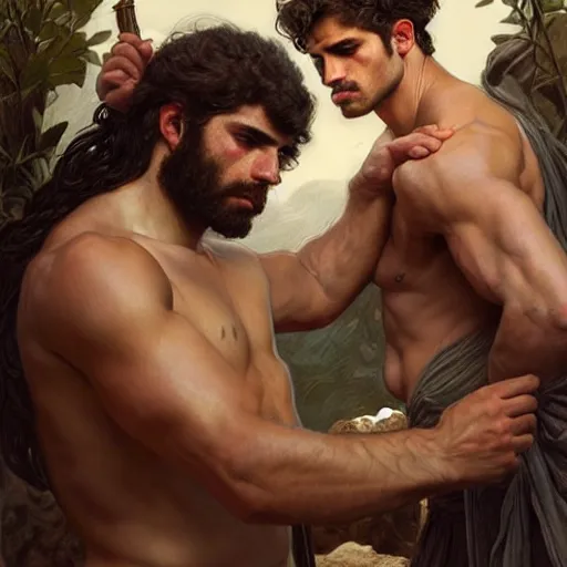 Image similar to very very very epic portrait of the greek man patroclus and his friend achilles, soft hair, muscular, half body, leather, hairy, d & d, fantasy, intricate, elegant, highly detailed, digital painting, artstation, concept art, smooth, sharp focus, illustration, art by artgerm and greg rutkowski and alphonse mucha