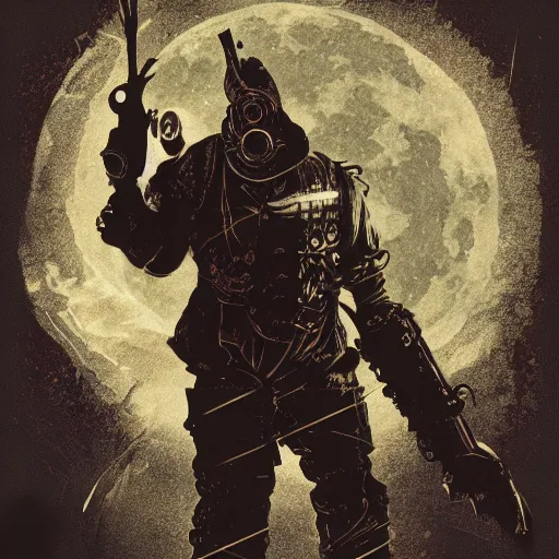 Image similar to an ultra detailed vector image of a big daddy from bioshock dressed as the hunter from bloodborne, concept art by alphonse mucha and greg rutkowski, scary shadows, blood moon eclipse, polaroid octane render, laminal space