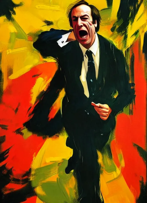 Prompt: saul goodman in colorful suit, screaming, painting by phil hale, fransico goya, david lynch,'action lines '!!!, graphic style, visible brushstrokes, motion blur, blurry