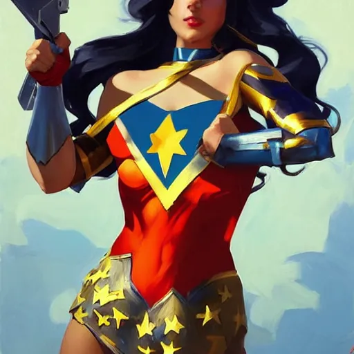 Image similar to greg manchess portrait painting of wonderwoman as overwatch character, medium shot, asymmetrical, profile picture, organic painting, sunny day, matte painting, bold shapes, hard edges, street art, trending on artstation, by huang guangjian and gil elvgren and sachin teng