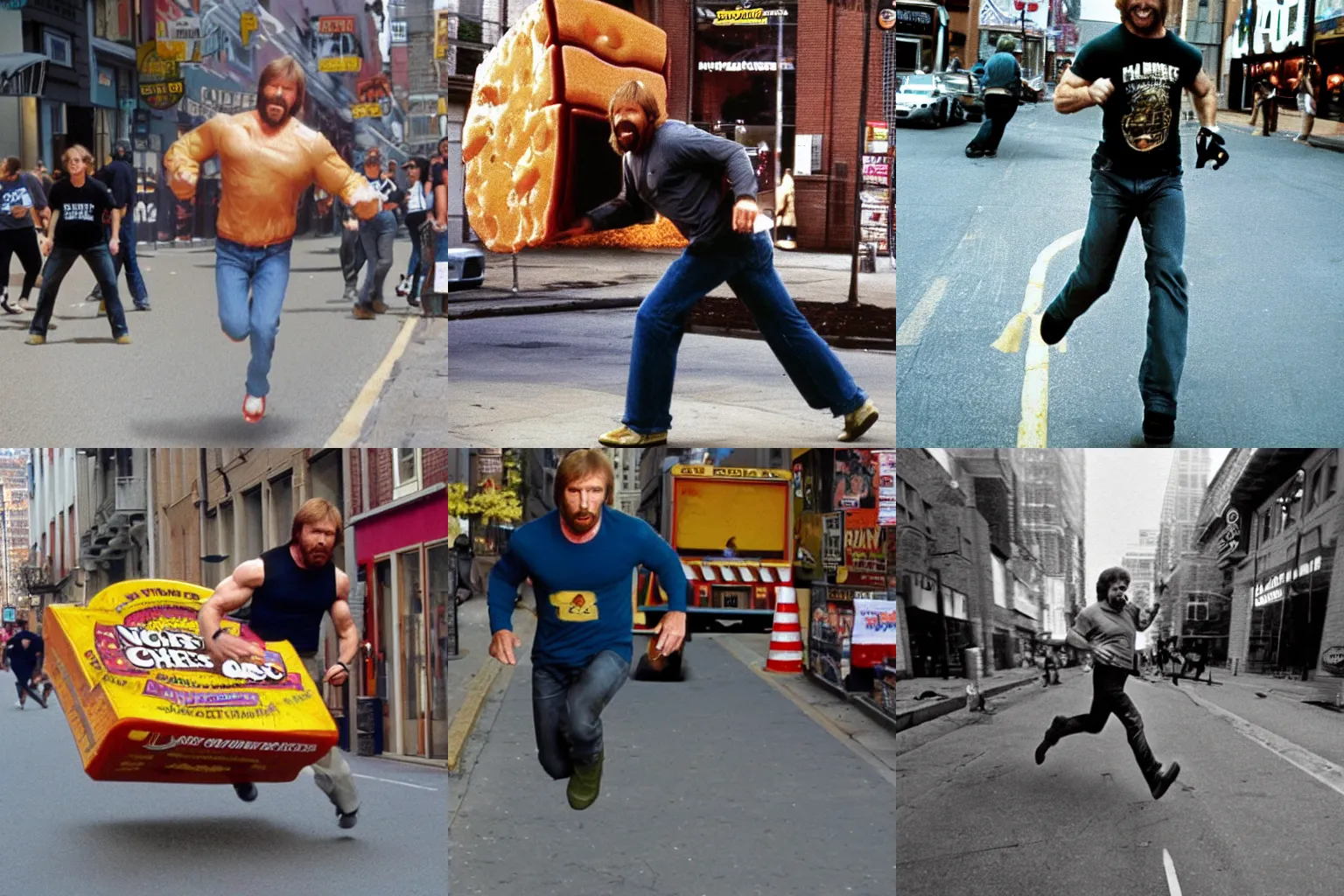 Prompt: Chuck Norris running towards a giant piece cheese laying in the streets