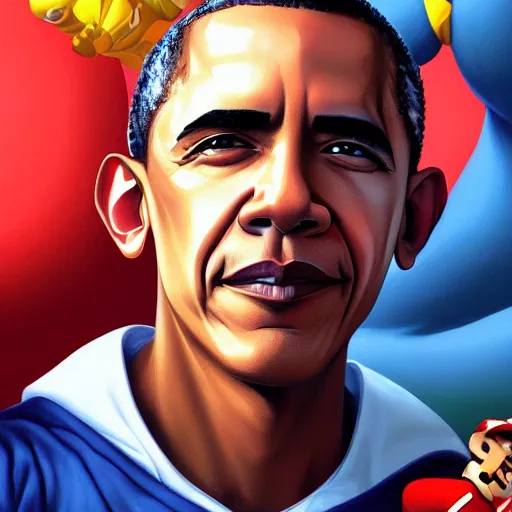 Image similar to barack obama face as super mario, highly detailed, digital painting, artstation, concept art, smooth, sharp focus, illustration, art by artgerm and greg rutkowski and alphonse mucha