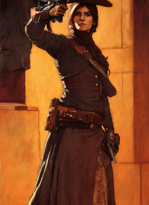 Image similar to Old west female gunslinger (rdr2, laurie greasley). Iranian orientalist portrait by john william waterhouse and Edwin Longsden Long and Theodore Ralli and Nasreddine Dinet, oil on canvas. Cinematic, hyper realism, realistic proportions, dramatic lighting, high detail 4k