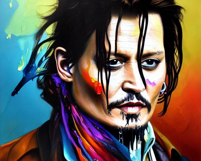 Image similar to , painting of johnny depp, paint drips, colour splash, art design, inventive, new format, futuristic painting, deep focus, d & d, fantasy, intricate, elegant, highly detailed, digital painting, artstation, concept art, matte, sharp focus, illustration, hearthstone, art by artgerm and greg rutkowski and alphonse mucha