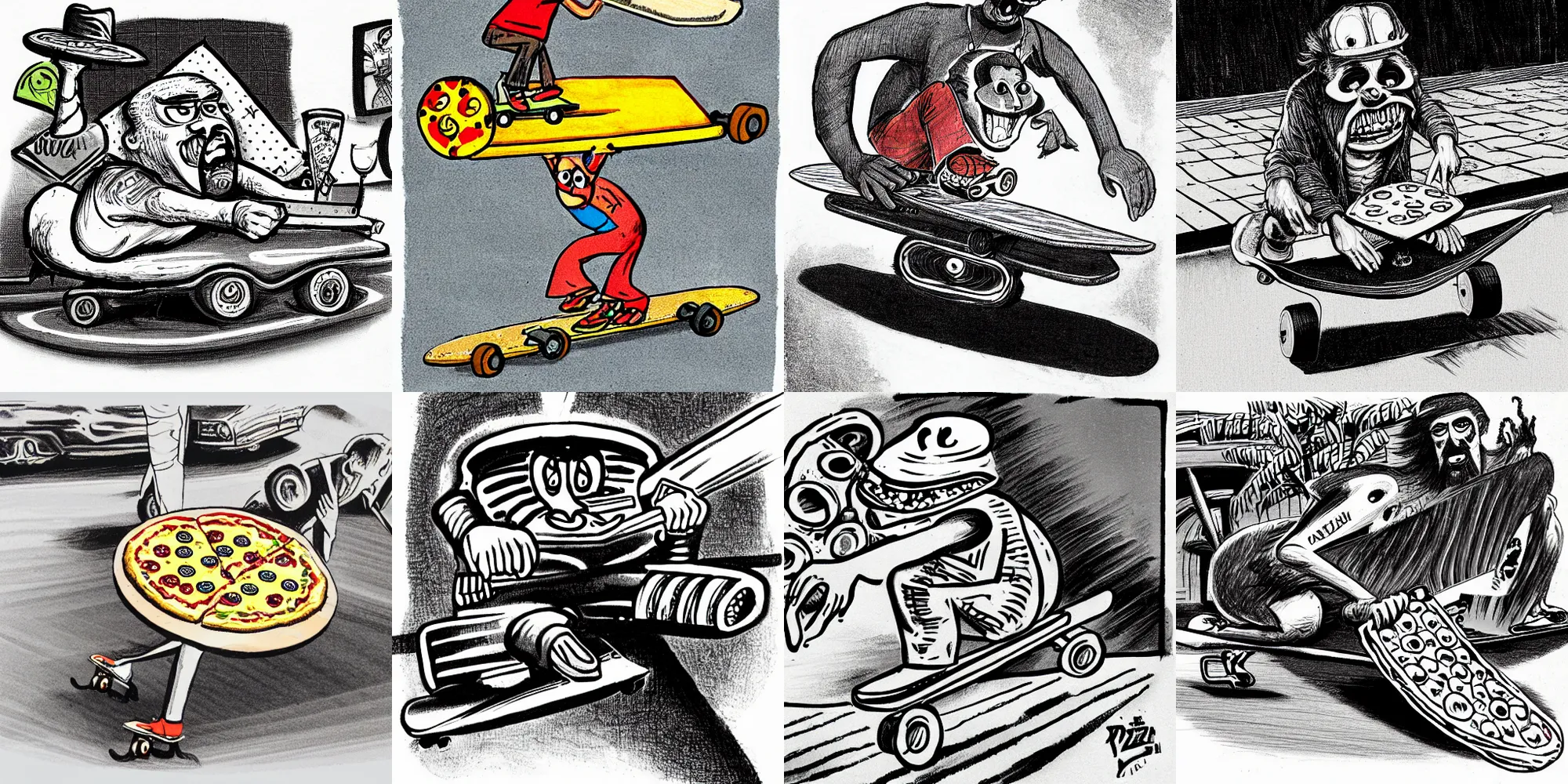 Prompt: an illustration of a pizza doing tricks on a skateboard by ed big daddy roth