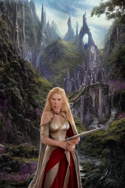 Prompt: Scarlet Johansson as an Elven royalty from The lords of the rings, fantasy matte painting, highly detailed