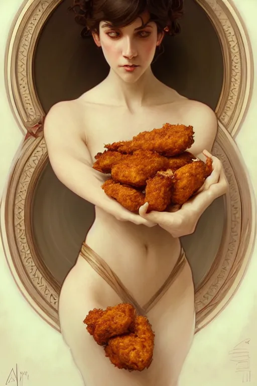 Image similar to symmetry!! plate full of nugget!!, intricate, elegant, highly detailed, digital painting, artstation, concept art, smooth, sharp focus, illustration, art by artgerm and greg rutkowski and alphonse mucha, 8 k