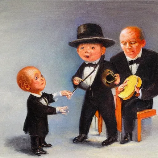 Image similar to the conductor of an orchestra but the conductor is a baby, illustration, oil painting, masterpiece.