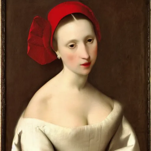 Prompt: sublime portrait of a woman in a red satin dress, very pale, graceful, imposing, idealistic, by Vermeer, Van Dyck, Jean Auguste Dominique Ingres, 17th-century, smooth, sharp focus, highly realistic