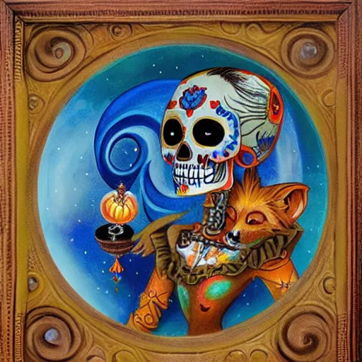 Prompt: a dia de los muertos themed fox skull character, themed on the stars and moon, painting by jeff easley